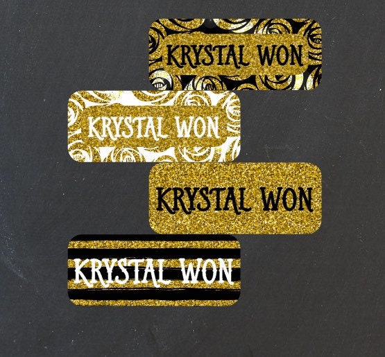 Water resistant  Black and Gold Glitter Name Labels