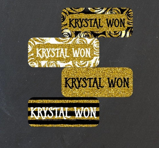 Water resistant  Black and Gold Glitter Name Labels