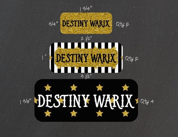 Water resistant  Black and Gold Glitter Name Labels