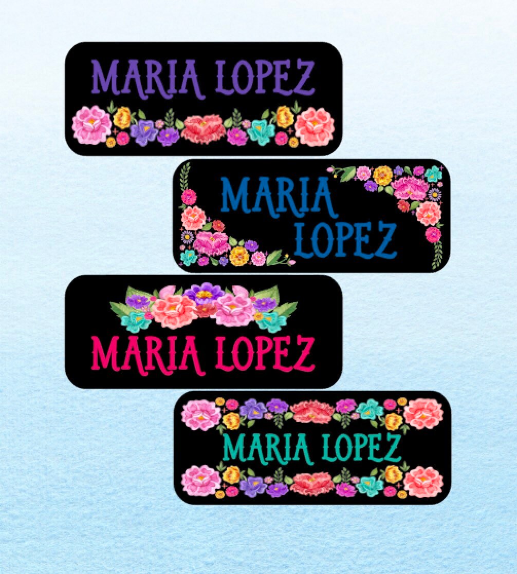 Water resistant Colorful Floral Name Labels on Black