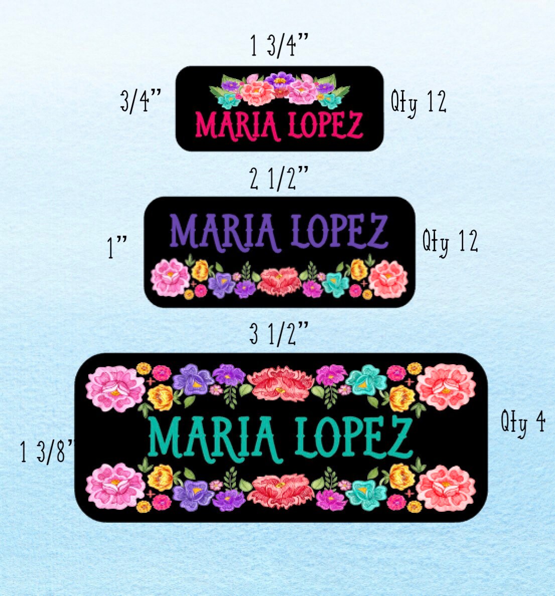 Water resistant Colorful Floral Name Labels on Black