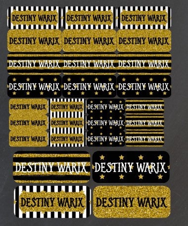 Water resistant  Black and Gold Glitter Name Labels